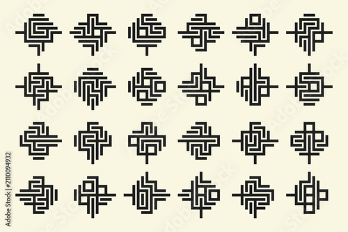Black Maze Pattern Icon Set Cream Background Circuit Symbols Collection