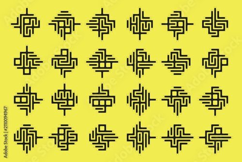 Black Maze Pattern Icon Set Yellow Background Circuit Symbols Collection