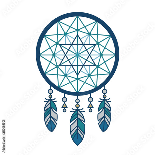 Geometric dreamcatcher icon with blue star pattern and feathers.