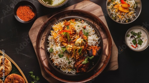 A mouthwatering close-up of authentic Hyderabadi chicken biryani, beautifully presented in a traditional handi pot, garnished with fresh cilantro, crispy fried onions, and a halved boiled egg. The fra