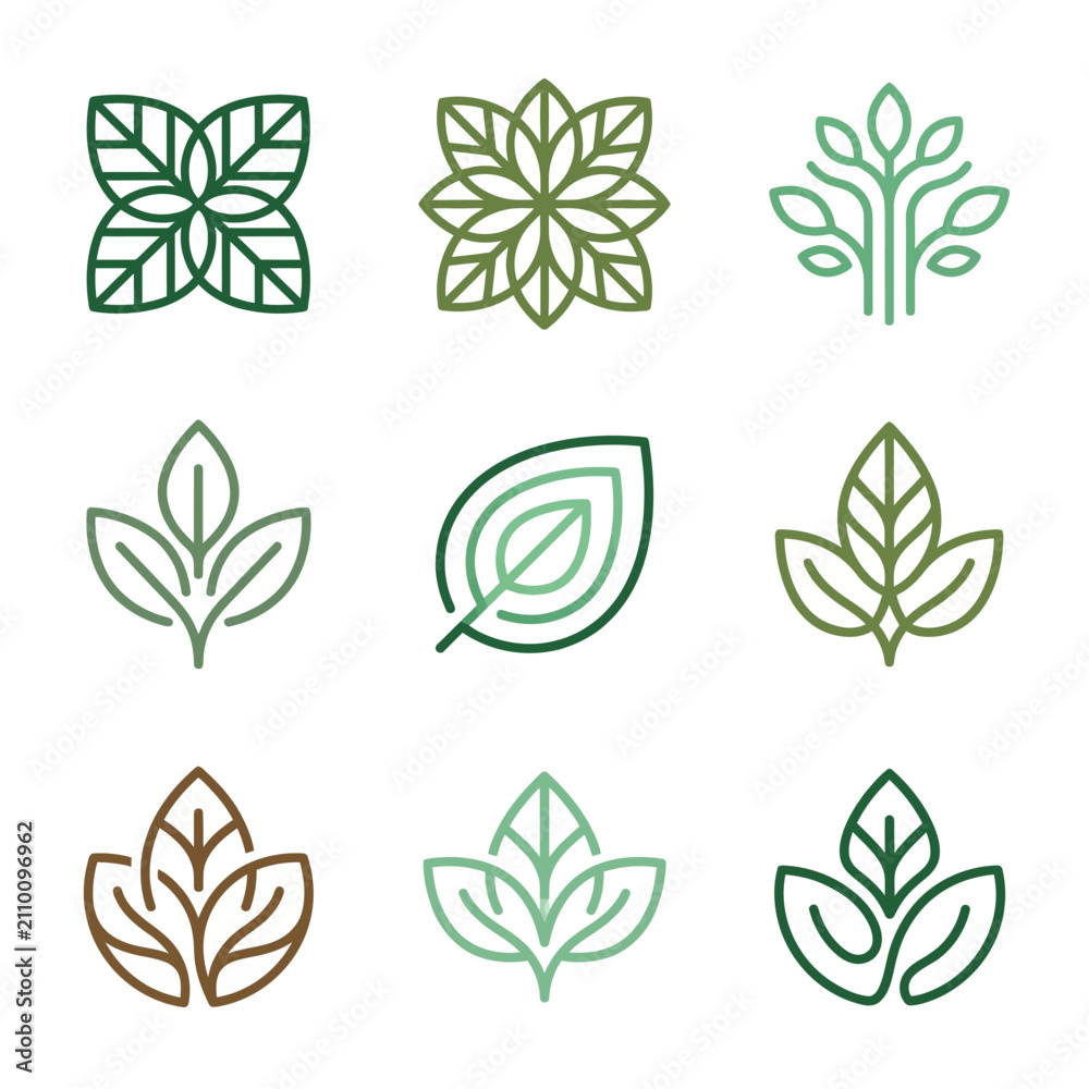 Fototapeta premium Geometric green leaf logo icon collection