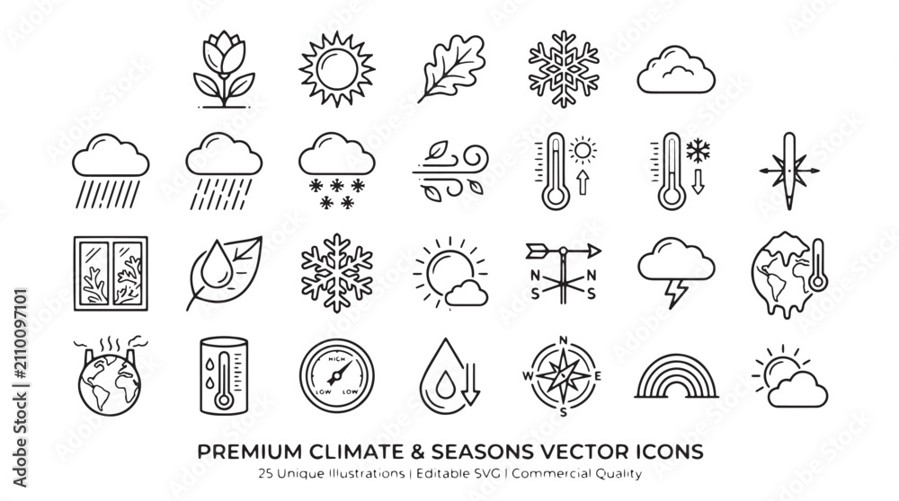 Obraz premium Premium climate and seasons vector icons, set of 25 weather line illustrations, minimalist environmental symbols for meteorology and ecology apps