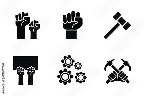 Labor And Protest Silhouette Icons Raised Fists Tools And Gears On White