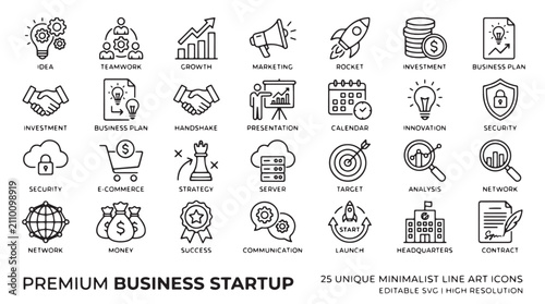 Minimalist business startup icons set, 25 unique line art vector elements for corporate branding, professional marketing and finance symbols