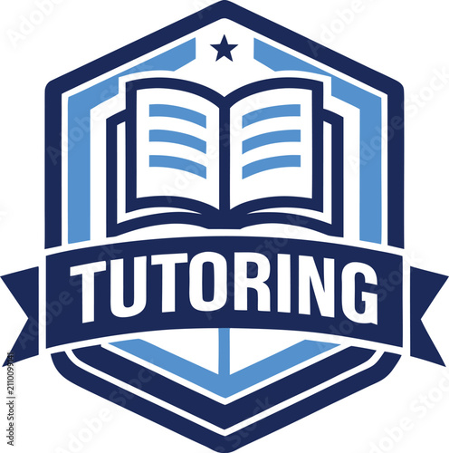 Tutoring Emblem With Open Book And Stars On White Background Keywords: tutoring, education