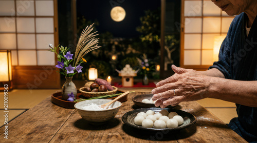 Person making traditional Japanese moon viewing dumplings tsukimi dango.