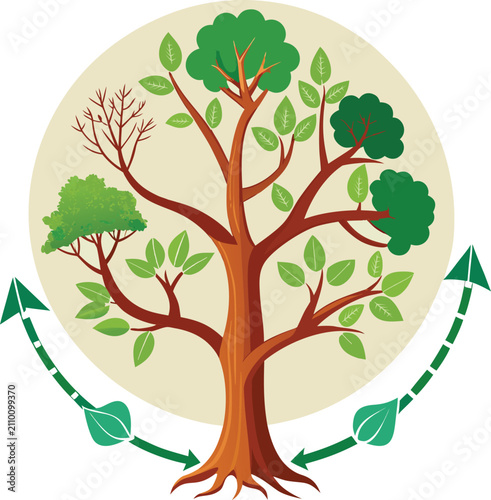 Abstract Tree of Life Illustration with Arrows and Leaves