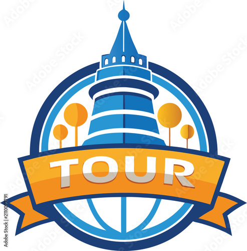 Blue lighthouse tour logo with orange trees and ribbon
