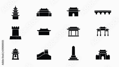 Slika na platnu Distinctive traditional asian architectural icons silhouette vector collection w