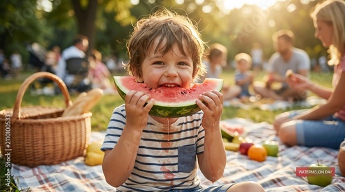 Happy boy eating watermelon at picnic. Child enjoying fresh fruit during summer park outing.