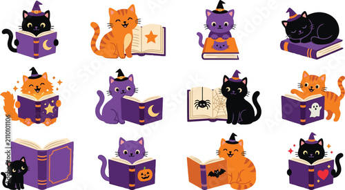 Obraz na plátne A set of twelve cute cartoon cats reading magical books, featuring various hallo