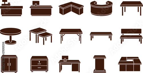 Collection of various wooden office desk icons for black friday furniture sale and home interior design projects