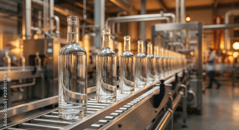 Fototapeta premium Modern automated glass bottle production line in a distillery