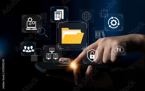 Obraz na płótnie Modern Technology Concept of File Management and Data Protection in Digital World Using Smartphone for Secure Document Access and Organization