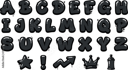 Obraz na plátne Graffiti Bubble Font Alphabet Vector Set with Black Glossy Letters and Street Ar