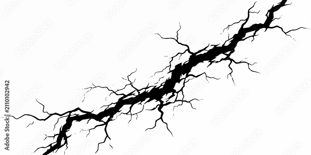 Fototapeta premium Abstract black crack line isolated on white background for destruction or earthquake concept with fracture, destruction