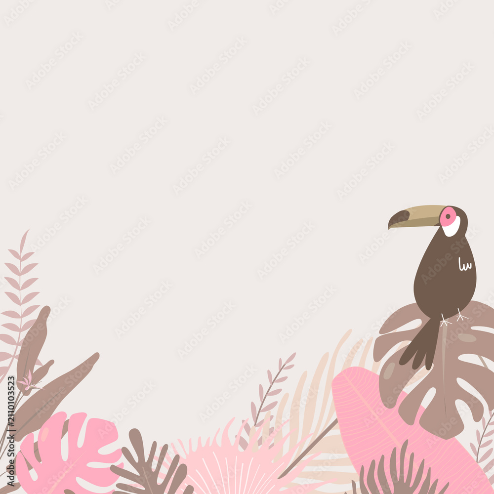 Fototapeta premium Pastel toucan tropical leaf border, beige design