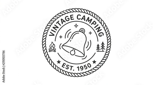 Vintage Camping Bell Logo Badge with Rope Border and Nature Elements