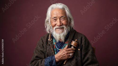 Elderly buddhist monk holding prayer wheel during spiritual practice with spiritual growth buddhist spiritual religion buddhism meditation tradition portrait devotion religious practice