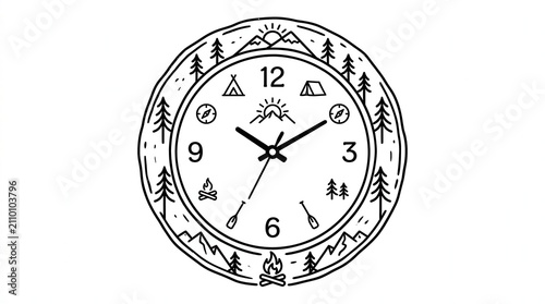 Vintage Camping Clock Design with Nature Icons and Mountains