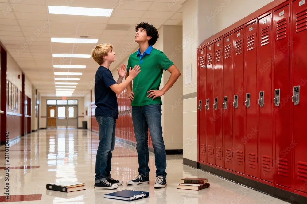 Obraz premium Two Boys Talking in School Hallway by Red Lockers