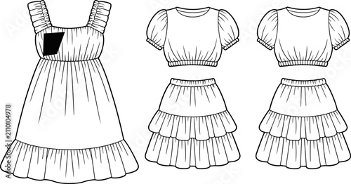 Fotografija Technical fashion flat sketch showing front and back views of dresses and coordinated sets with gathered ruffles