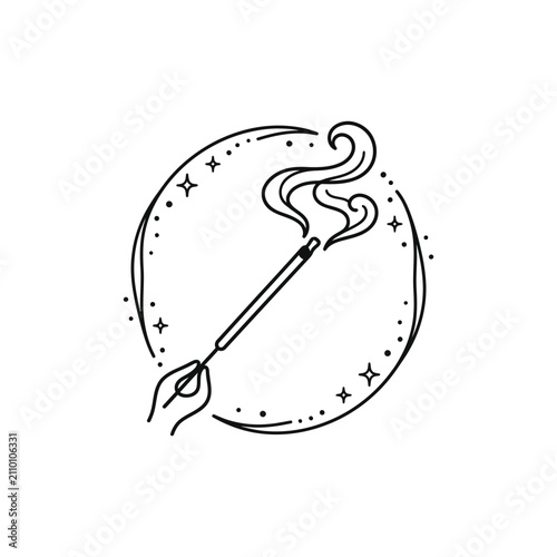 Magic wand with mystical smoke and sparkles circular icon.