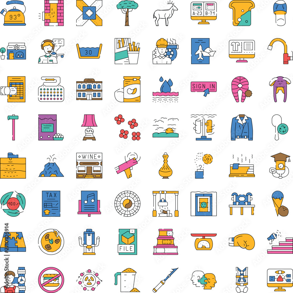 Naklejka premium Large collection of varied modern linear icons representing everyday objects, professional tools, food, nature, and abstract concepts for web, mobile, and print design