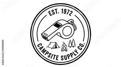 vintage camping logo, whistle and tent