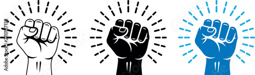 Raised fist icon set black power solidarity protest and strength symbolism