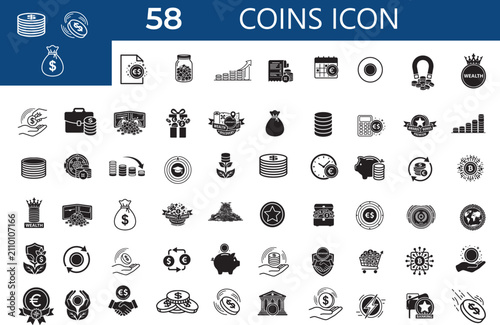 Coins Line Icons Set. Money, Cash, Currency, Banking, Savings, Investment, Payment, Wallet, Piggy Bank and Finance Editable Stroke Vector Illustration.
