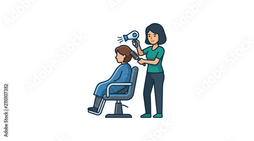 Professional hairstylist drying client hair in a salon chair.