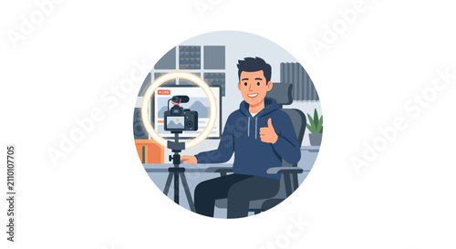 Young man vlogger recording video content with professional camera and ring light.