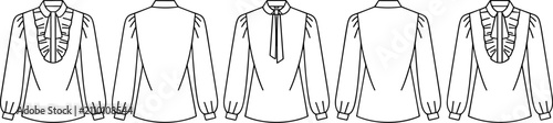 Schilderij op canvas Technical fashion flat sketch showing front and back views of long-sleeved blouses featuring ruffles and bow tie necklines