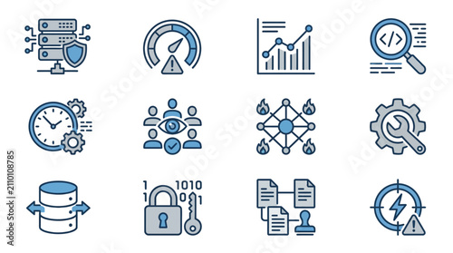 Corporate Infographic Icons Showcasing Modern IT Security Data Management and Business Analytics in Minimalist Blue and White
