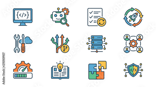 Elegant Colorful Icons Set Featuring Coding AI Cloud Data Security and Innovation Concepts in Minimalist Design