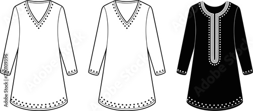 Quadro su tela Technical fashion flat sketch showing front views of long-sleeved tunics featuring dotted embroidery and neckline embellishments
