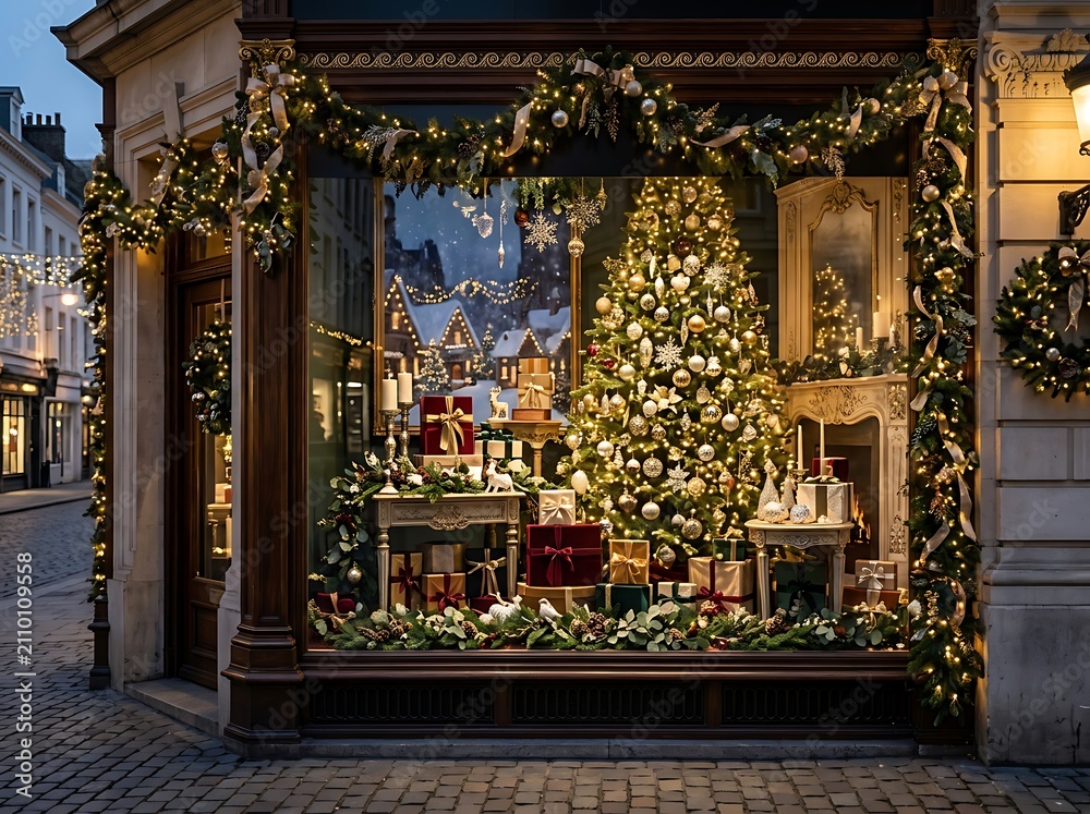 Fototapeta premium Enchanting traditional christmas shop window display with illuminated tree and festive gifts.