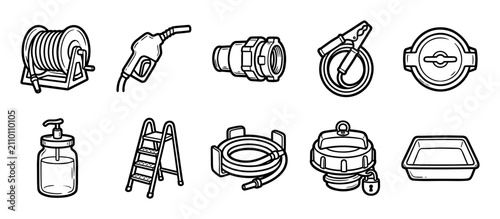 Set of black and white line art icons depicting various industrial and household objects like a fuel nozzle, hose reel, stepladder, pipe fitting, and locking cap