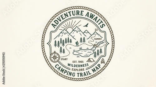 Vintage Camping Trail Map Logo with Mountains, Sun, River, Tent