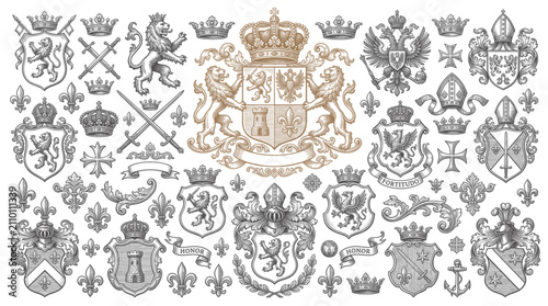 Foto Vintage Heraldic Symbols Vector Collection with Medieval Shields Animals Crowns