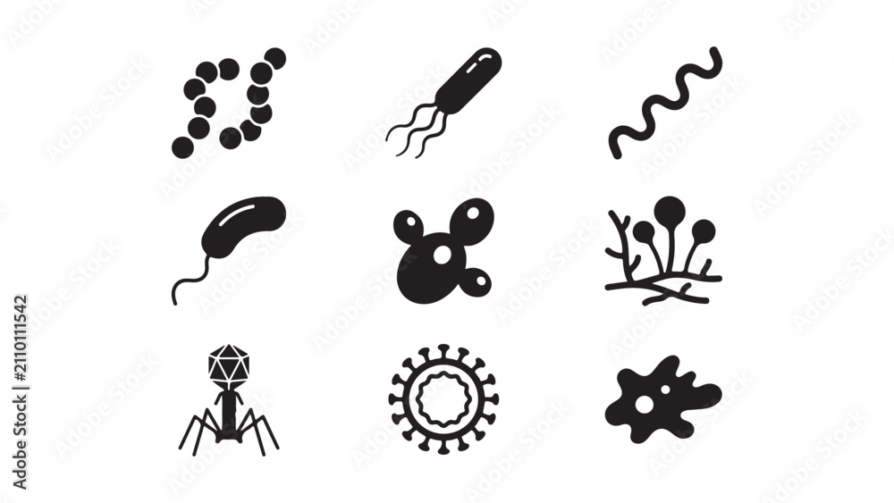 Fototapeta premium Microbiology and Virology Icon Set Solid Black Silhouettes of Bacteria and Viruses