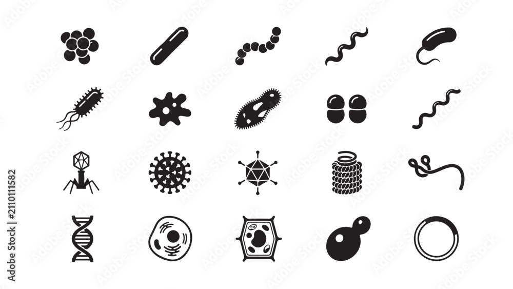 Fototapeta premium Microbiology and Cell Biology Icon Set with DNA Viruses and Bacterial Cells