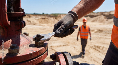 Close-up of a construction worker in protective gloves using a wrench to tighten a bolt on a large industrial pipe at a gravel extraction site.