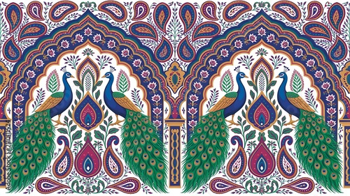 Traditional Mughal garden, arch landscape wallpaper. Mughal wedding invitation wallpaper design.