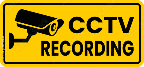 Yellow CCTV Recording Security Warning Sign with Camera Icon for Surveillance