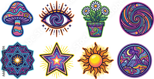 Foto Psychedelic Trippy Icon Set with Mushroom, Eye, Flower Pot, Swirl, Star, Sun, an