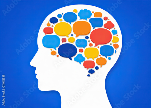 Human head profile silhouette with colorful speech bubbles inside the brain