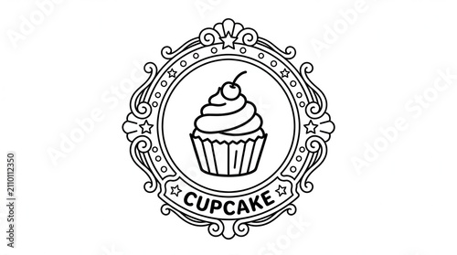 Vintage Cupcake Logo Emblem Black and White Illustration