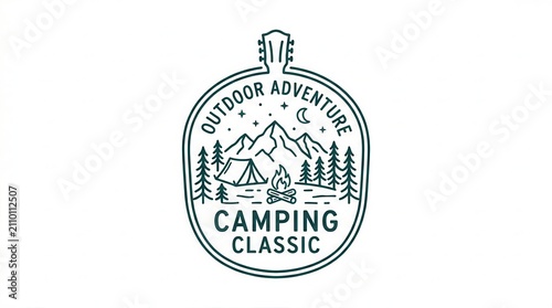 Vintage Outdoor Camping Adventure Logo with Guitar Elements and Mountains